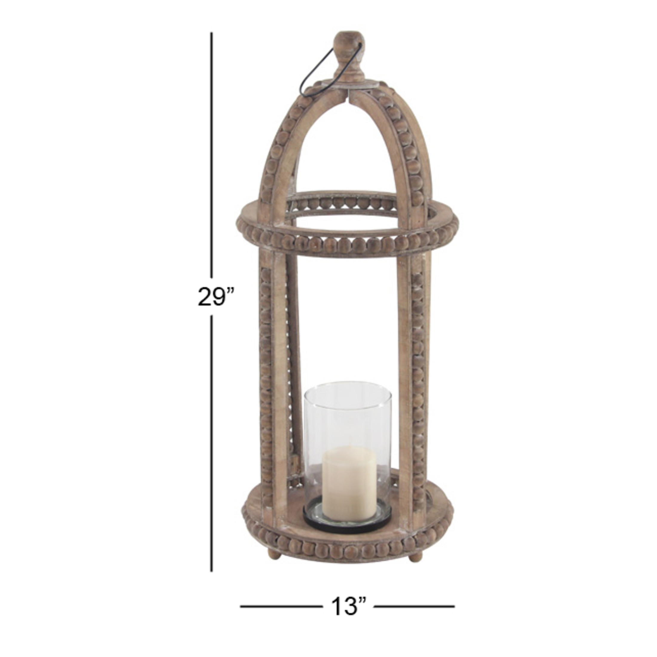 DecMode Brown Reclaimed Wood Beaded Decorative Candle Lantern