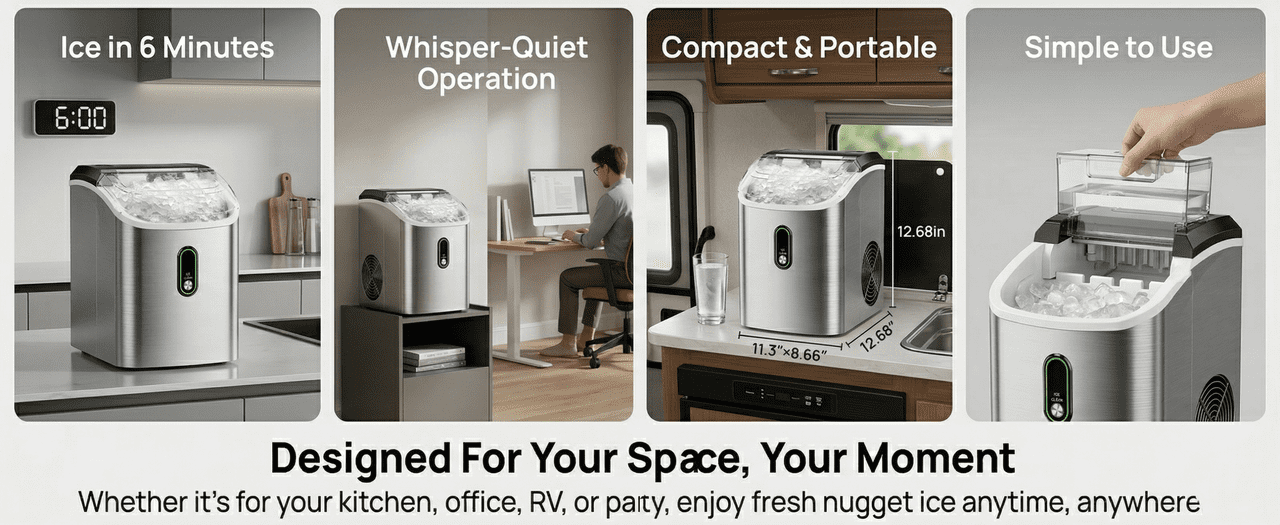Countertop Nugget Ice Maker,Chewable Pellet Ice Machine with Self-Cleaning Function, 33 lbs/24H Portable Ice Maker for Home, Kitchen, and Office, Stainless Steel