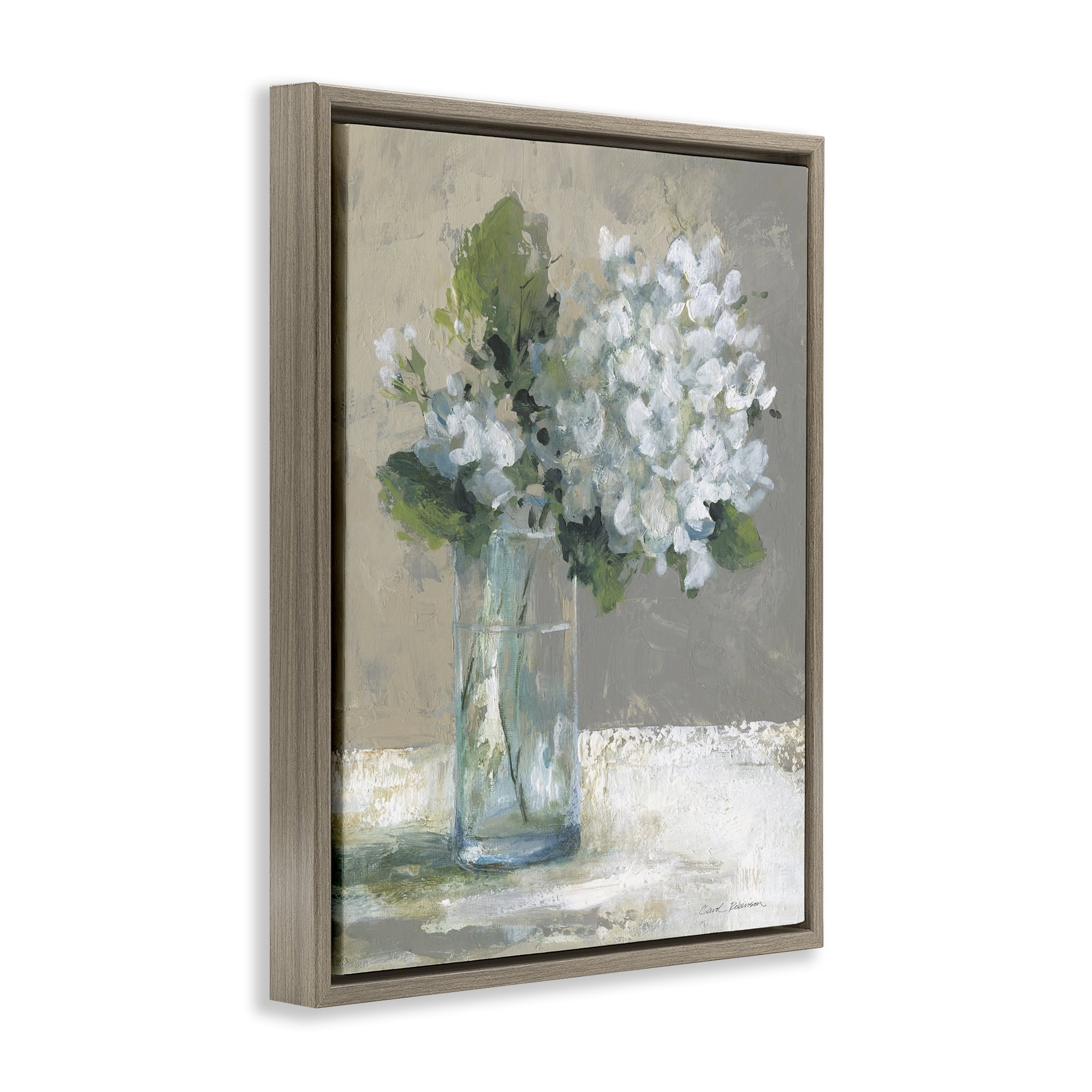 Stupell Industries Serene White Hydrangeas in Glass Brown Framed Floater Canvas Wall Art, design by Carol Robinson