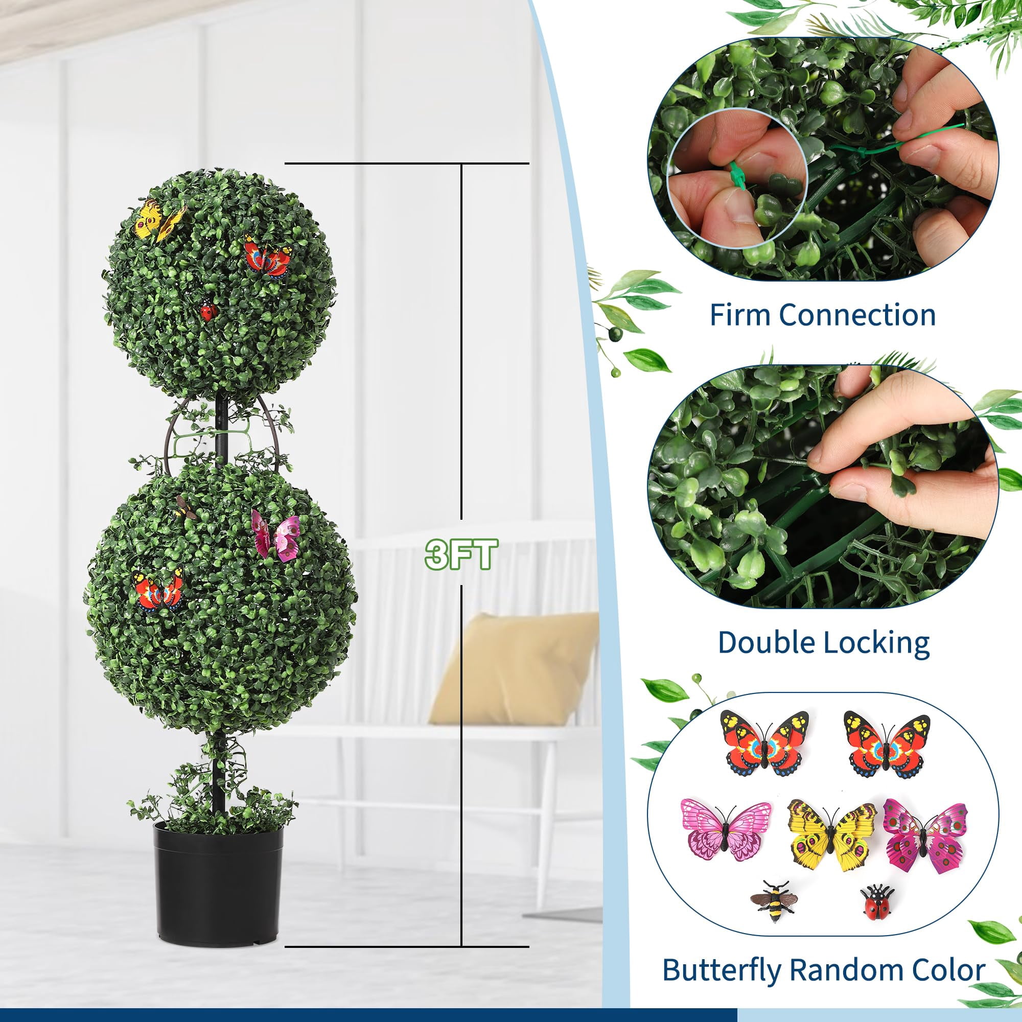 Accreate 3 FT Artificial Double Ball Topiary Trees with Pot, 2 PCS Topiary Trees Artificial Outdoor with Moss, Vine, Butterfly Decor, All Year Green Outdoor Faux Plants for Front Porch, Home Decor