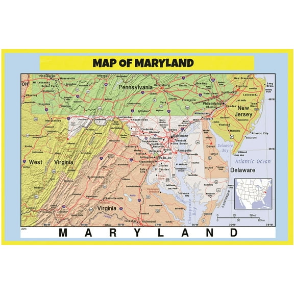 Map of Maryland Style C - Laminated Wall Map Poster Print Perfect for Classrooms and Homes - Vivid Imagery with Bright Colors - 18x24