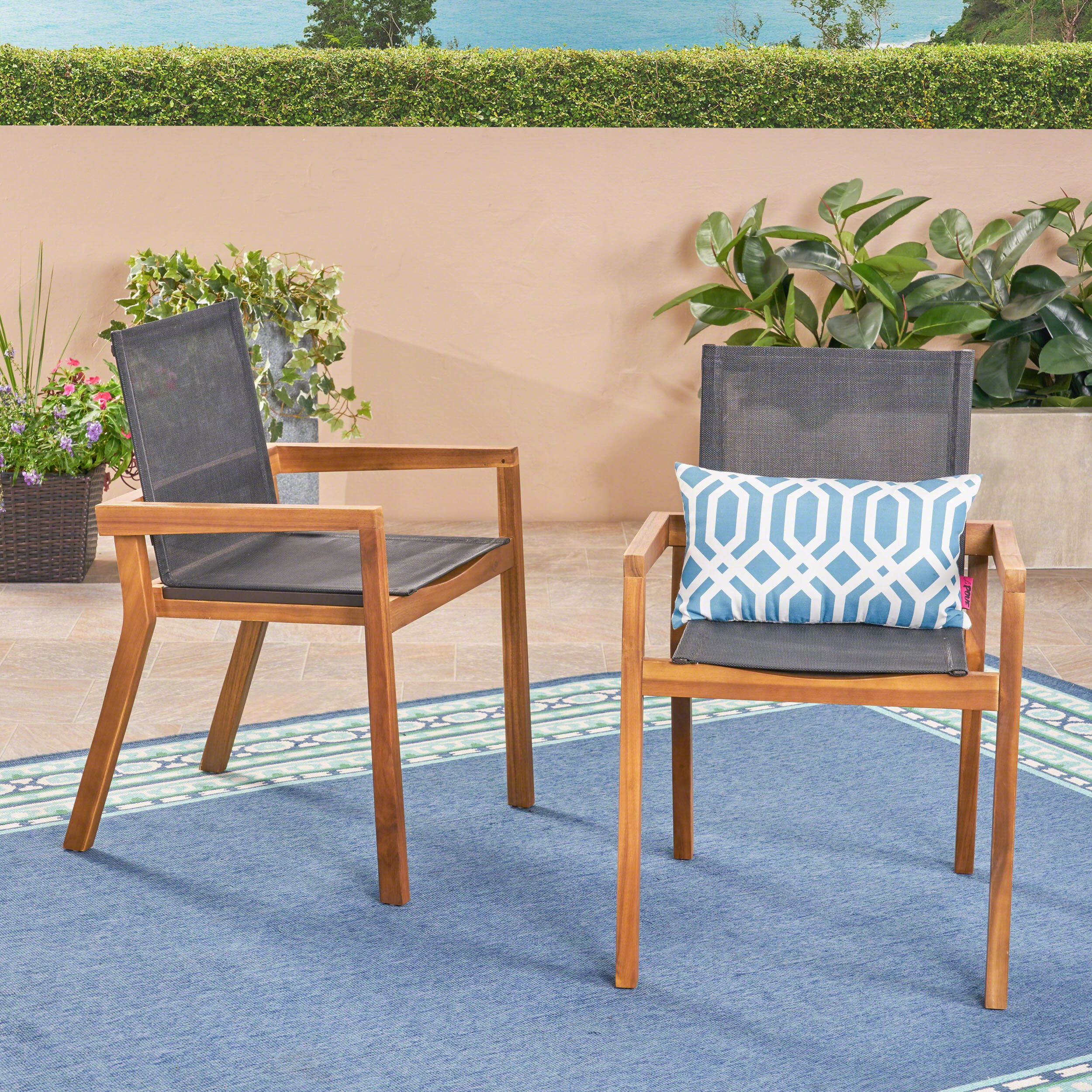 Outdoor Dining Chairs, Patio Chairs Set of 2, Acacia Wood Frame and Black Mesh Seating with Armrests, Durable Furniture for Outdoor Dining or Lounge Area in Teak Finish