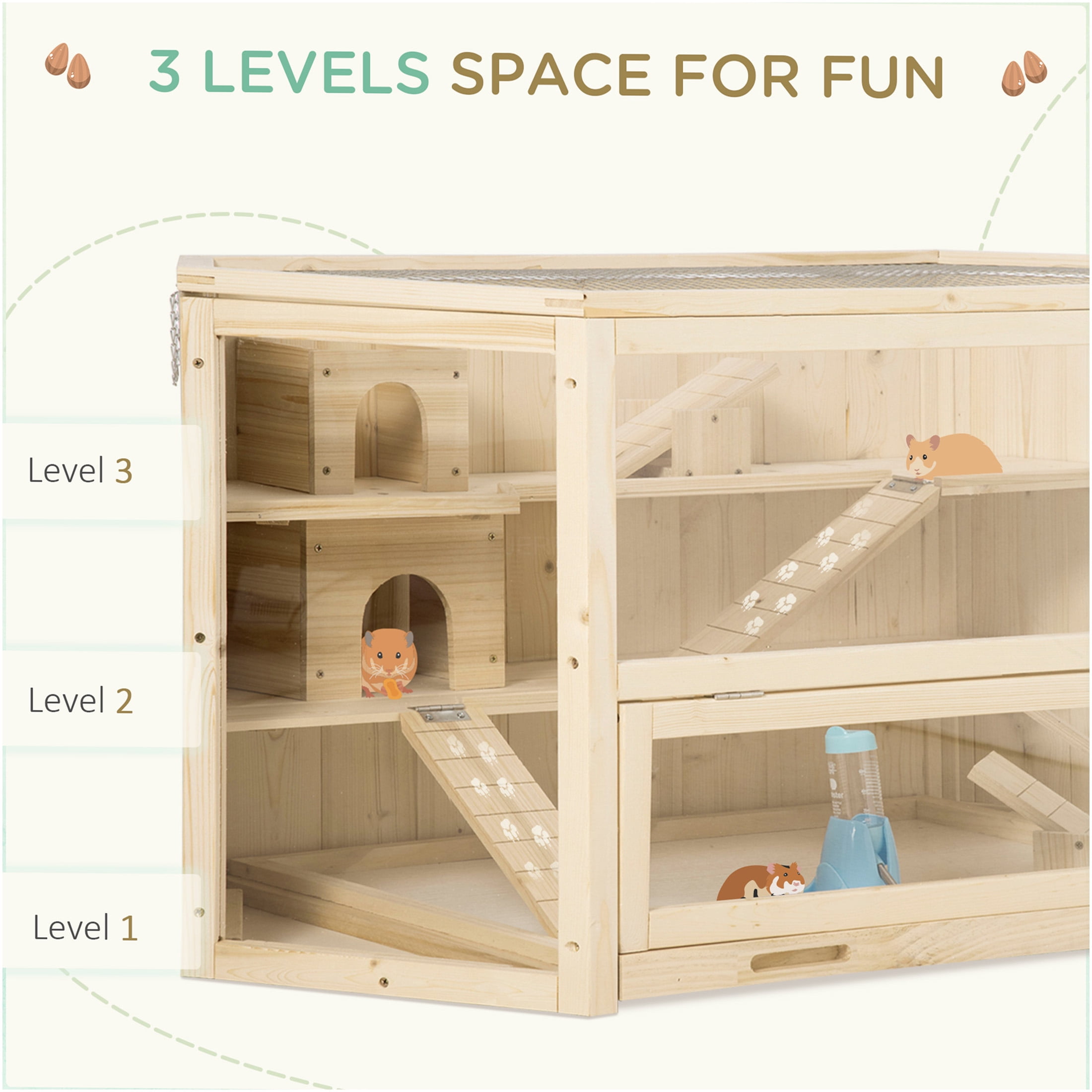 JERFIT 3-Tier Wooden Hamster Cage with Accessories, Large Natural Wood Small Animal Habitat Playpen with Detachable Tray, Ladders, Seesaws, Water Bottle for Hamsters, Gerbils, Mice