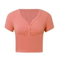 thumbnail image 3 of Womens T Shirts Loose Fit Ladies Short Sleeve Basic V Neck Cute Summer Tops Button Down Slim Fit Oversized Tshirts Red S, 3 of 4