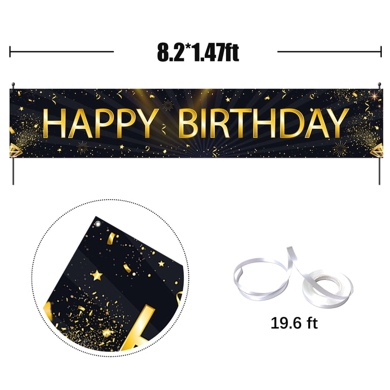 Avezano Black & Gold Happy Birthday Banner – Large 98” Yard Sign, Waterproof, With Rope For Indoor/Outdoor Party Decor