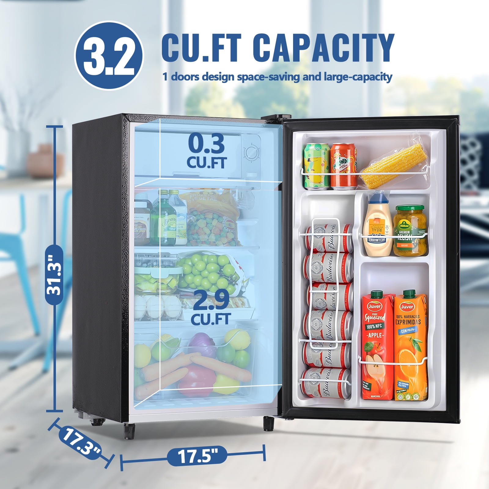 JIEJIA 3.2 Cu.ft. Mini Refrigerator with Top Freezer and 5 Temp Control Compact Small Fridge, Silver