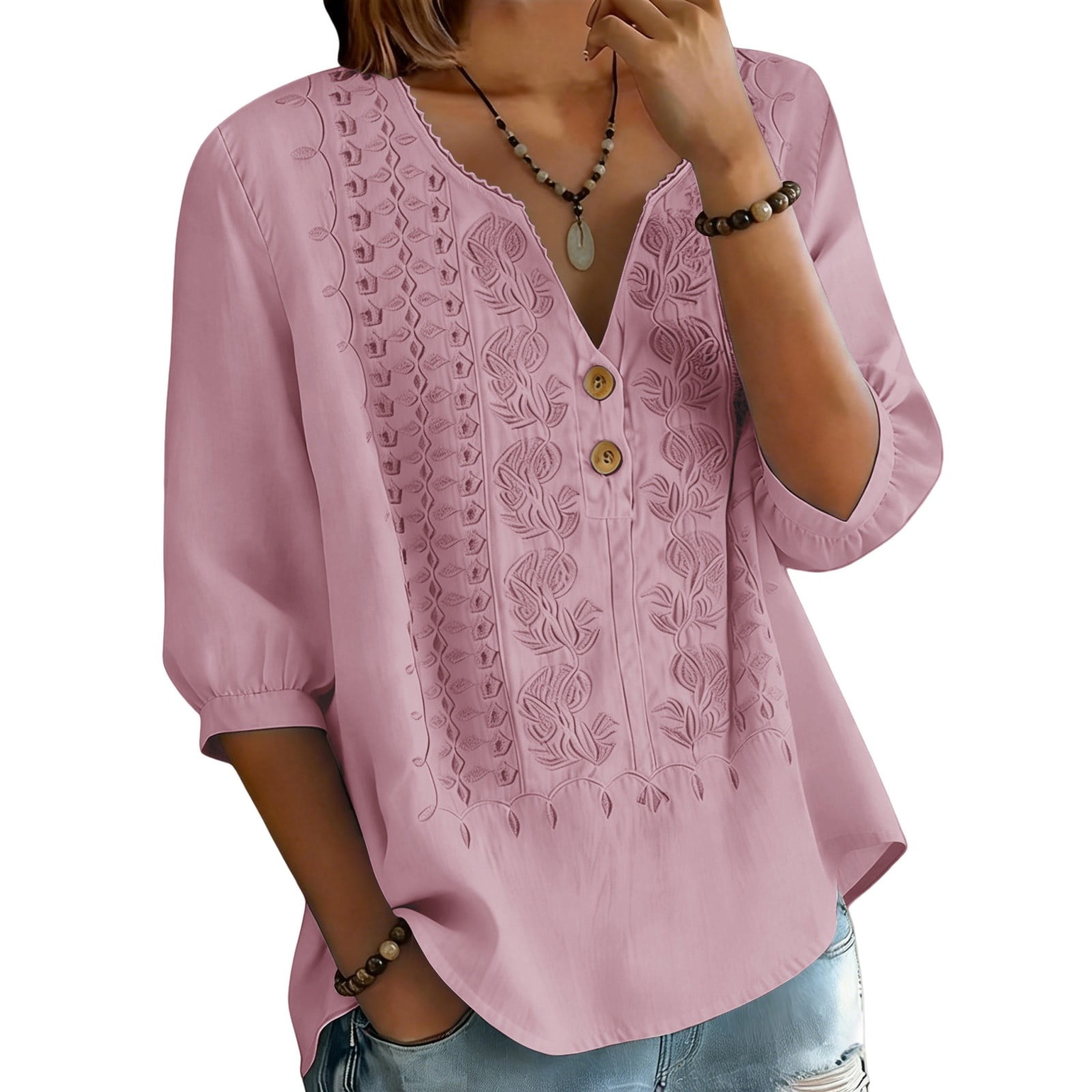 Womens Tops Solid Color Cotton Linen Embroidered T Shirt Casual
