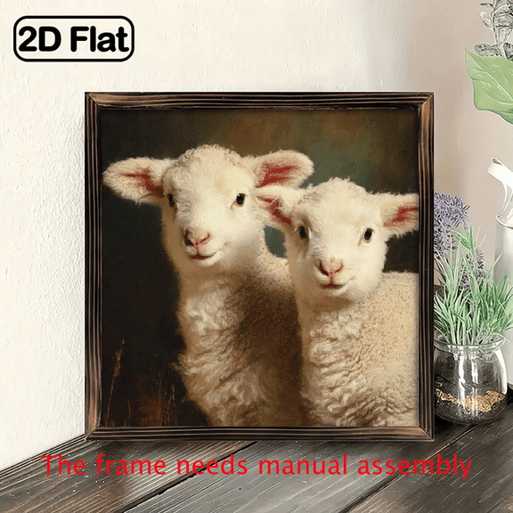 2D Flat - 1pc Two Adorable Lambs Gazing Together Wooden Framed Sign, Farmhouse Theme, Rustic Style, Wall Hanging, Bedroom, Living Room, Farmhouse Kitchen, 8x8 Inch Decorative Signs Plaques