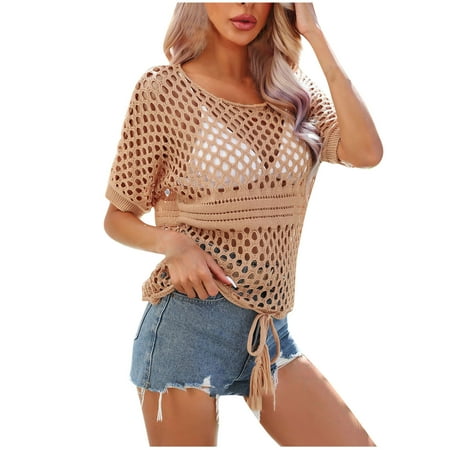 Olyvenn Deals Women s Summer Crochet Hollow Out Tops Crewneck Beach Bikini Swimsuit Mesh Cover Up Tunic Top Beachwear Khaki 6