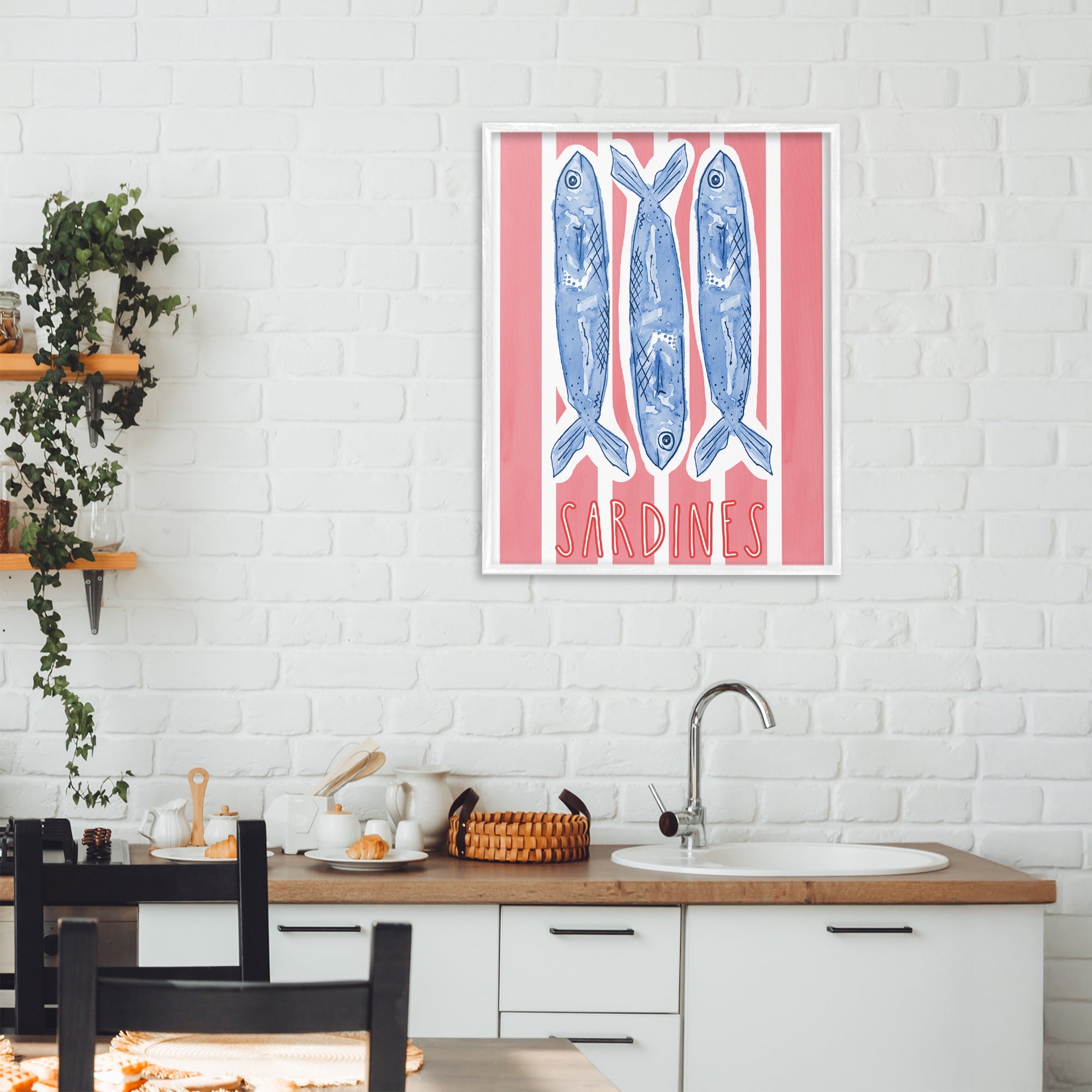 Stupell Industries Americana Sardines on Pink Stripes White Framed Giclee Art, design by Nola James