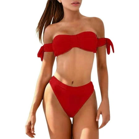 JIANJIA Womens Swimsuits Solid Color Backless Strapless Brassiere With High Waist Thongs Split Swimsuit Two Piece Bikinis Swimwears Holiday Wear Red S