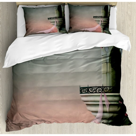 Gothic Duvet Cover Set, Old Tower with Medieval Style Balcony and Rose Ivy Horror Fiction Print, Decorative 3 Piece Bedding Set with 2 Pillow Shams, Calking Size, Pink Grey, by Ambesonne