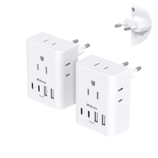 Adaptador de enchufe de viaje Mifaso, paquete de 2 con 4 salidas y 4 puertos USB C