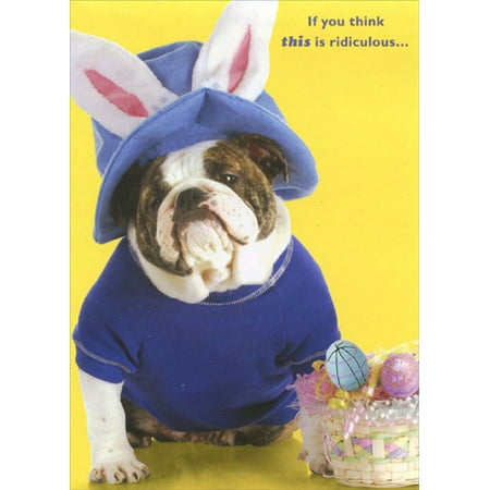Easter Parade Hat - Designer Greetings Dog with Blue Hat and Rabbit Ears Funny Easter Card