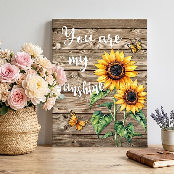 Sunflower Canvas Wall Art Framed Wall Decor for Living Room Bedroom Bathroom, You Are My Sun Shine Vintage Brown Wood Board Canvas Pictures Ready to Hang Decor, 8"x10"