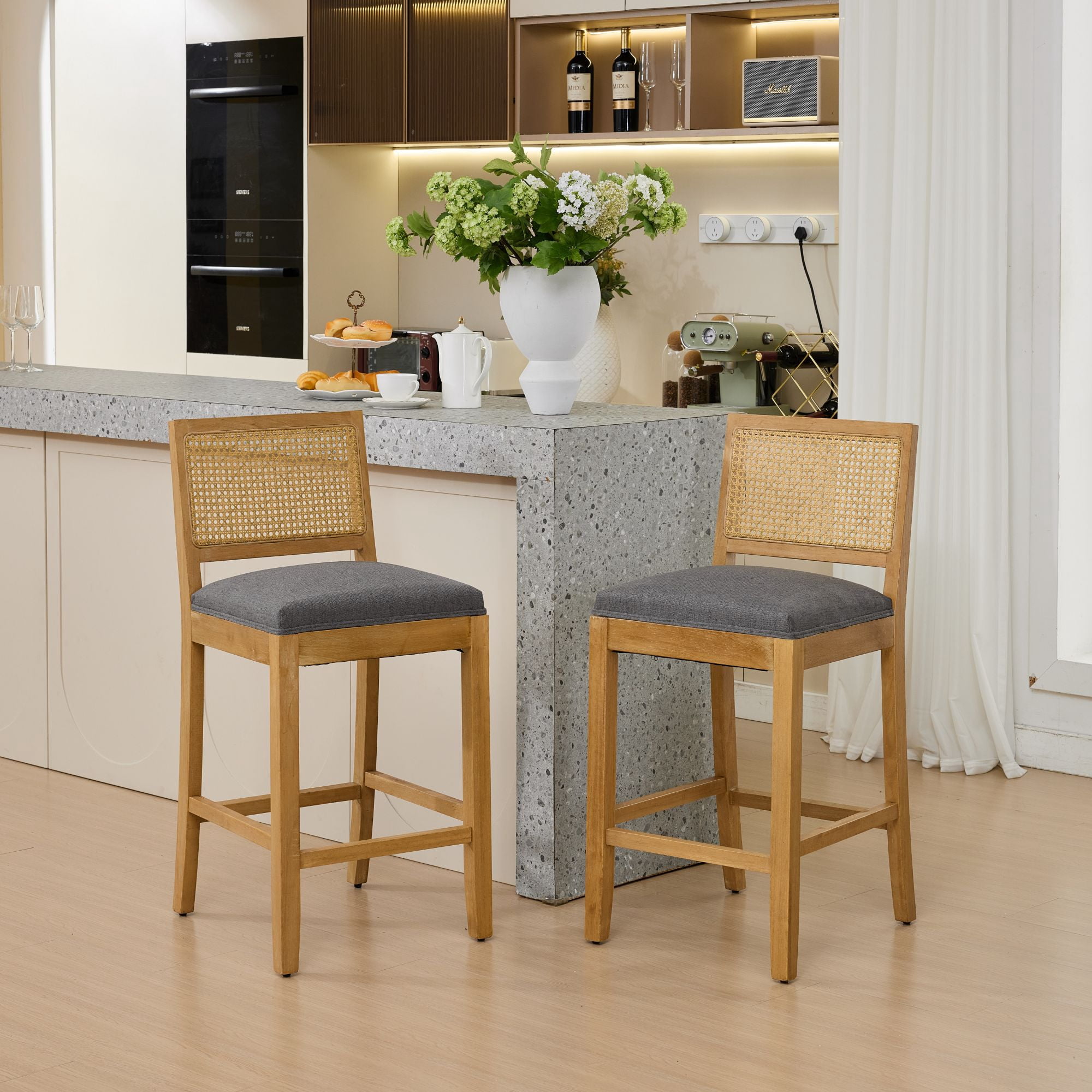 MIKIBAMA Counter Height Bar Stools Set of 2, Rattan Back, Linen Seat