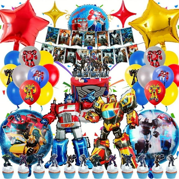 Transformers Party Supplies, Transformers Birthday Decorations Set-Optimus Prime Balloons, Bumblebee Aluminum Foil Balloons, Happy Birthday Banner, Cake Cupcake Toppers