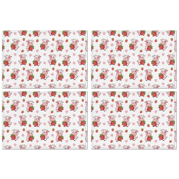 White Cow Strawberry Cow Pattern Summer Placemats Table Placemats Set Of 4-Linen Kitchen Washable Placemats Table Mats 11.8"x17.7" Non-Slip Heat Resistant