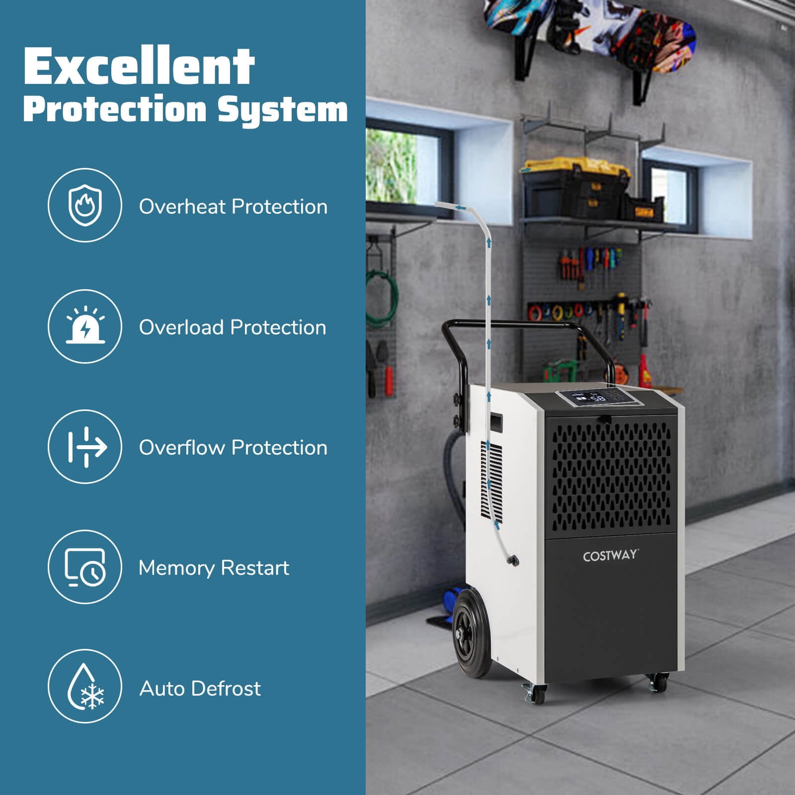 Costway 49-Pint(DOE) Commercial Dehumidifier with Pump Drain Hoses for Basements Job Sites 7,500 Sq.ft Coverage Area (MAX 154Pint at 95°F, 90%RH)