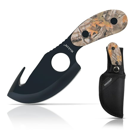 Maxam Camo Fixed Blade Knife All in One Skinning Knife with Gut-Hook for Hunters and Outdoors Enthusiasts