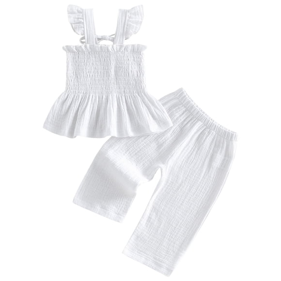 Pandaie 6M-5Y Infant Baby Girls Clothes Toddler Ruffle Smocked Sleeveless Camisole Linen Wide Leg Pants Set Kids Summer Clothing Outfit White 3Y(2-3 Years)