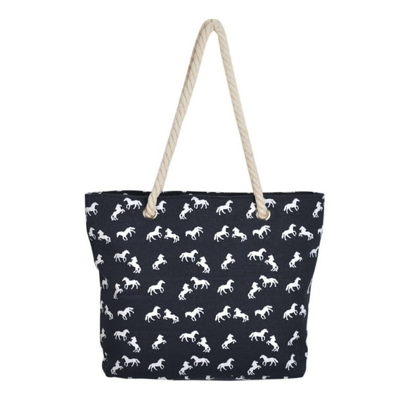 Premium Large Stallion Horse Print Cotton Canvas Tote Shoulder Bag Handbag Black