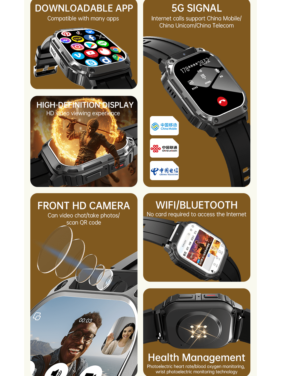4G LTE  Smart Watch Android  for Men and Women, 1.95'' HD Screen Camera 8GB+128GB