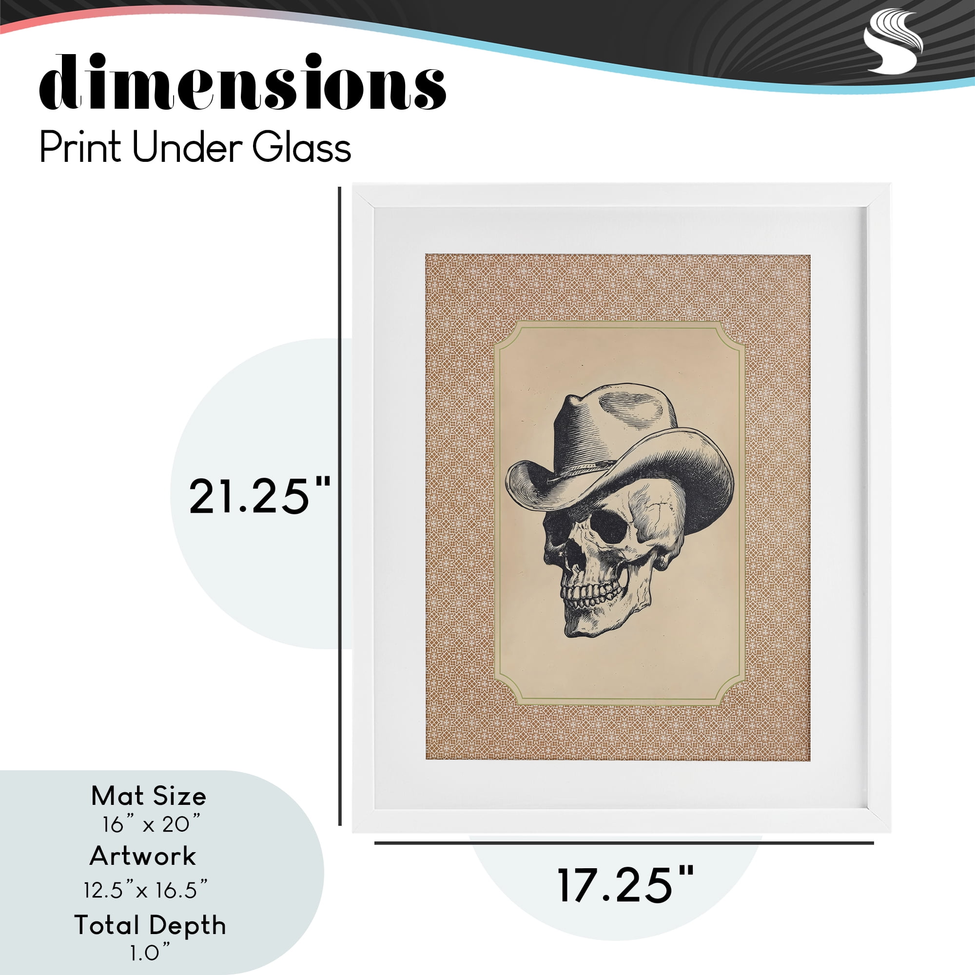 Vintage Cowboy Skull White Framed Print Under Glass, design by Arlington Prints