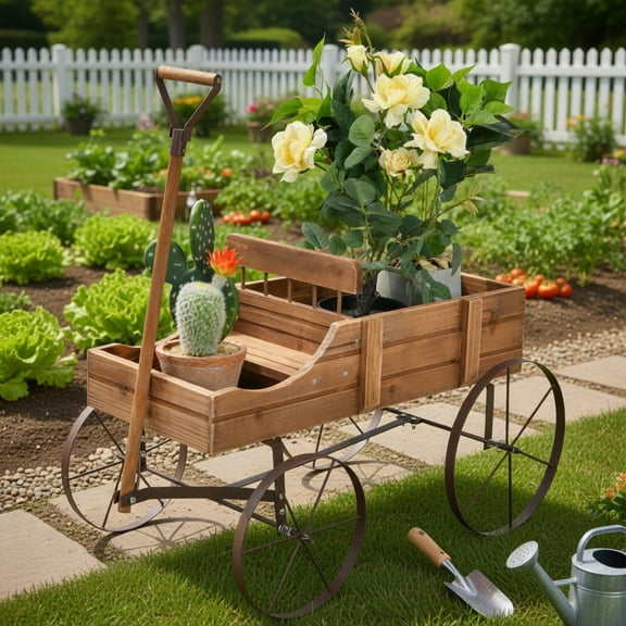 Topcobe Wooden Wagon Plant Bed With Wheel for Garden Yard, Planters for Outdoor Plants, Raised Planter Box, Brown