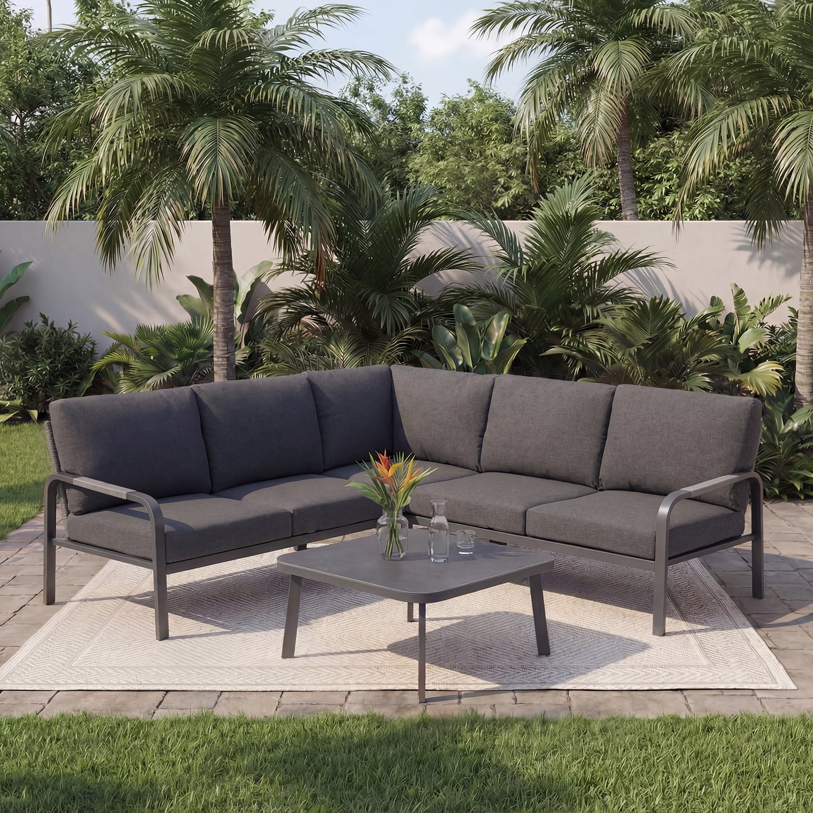CozyJoy Aluminum Outdoor Corner Sofa Set with Coffee Table – Rattan Backrest Patio Lounge Furniture for Courtyard and Balcony ,Grey