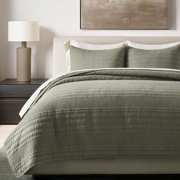 EVERGRACE 100% Cotton Modern Lines Quilt Set Queen Size, Pre-Washed Soft Striped Coverlet Bedspread, 3 Piece Lightweight Bedding Set for All Season, with 2 Pillow Shams, Olive Green
