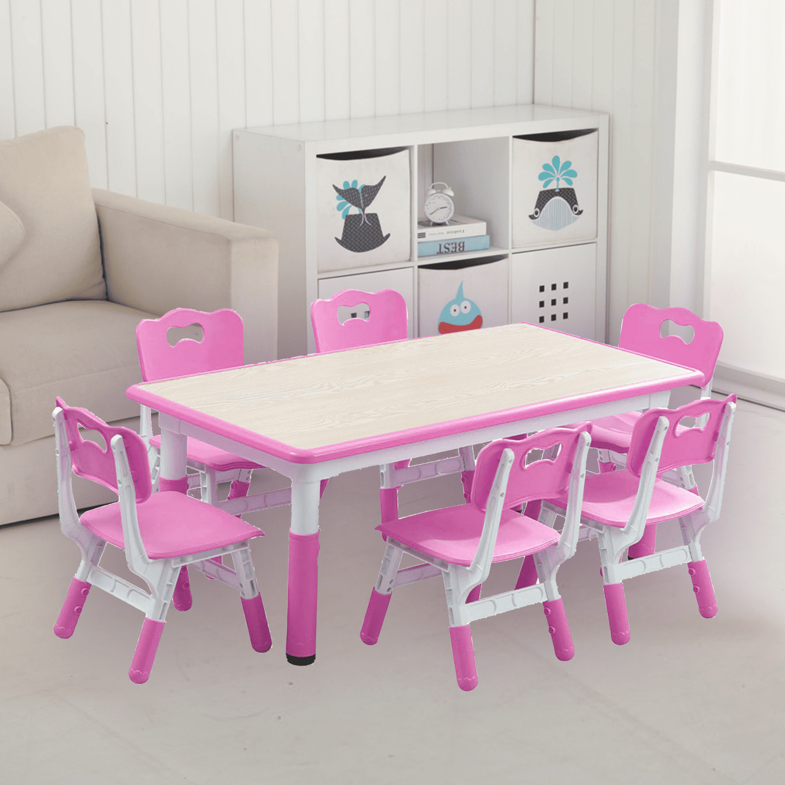 Adjustable Kids Table and 6 Chairs Set, Toddler Crafts Table and Chair Set for Ages 2-10,Max 300lbs Kids Activity Art Table for Classroom Daycares,Home, Pink