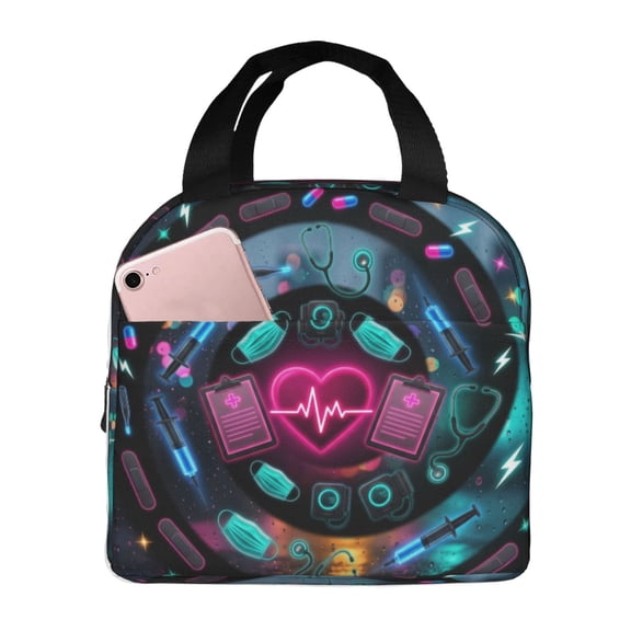 Nurse Lunch Box Healthcare Pattern Insulated Lunch Bag For Women Men Reusable Cooler Handbag With Front Pocket Thermal Meal Tote For Work Office