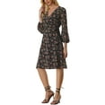 thumbnail image 4 of INSPIRE CHIC Women's Boho Floral V Neck Bishop Sleeve Below The Keen Wrap Dress XL Black, 4 of 6