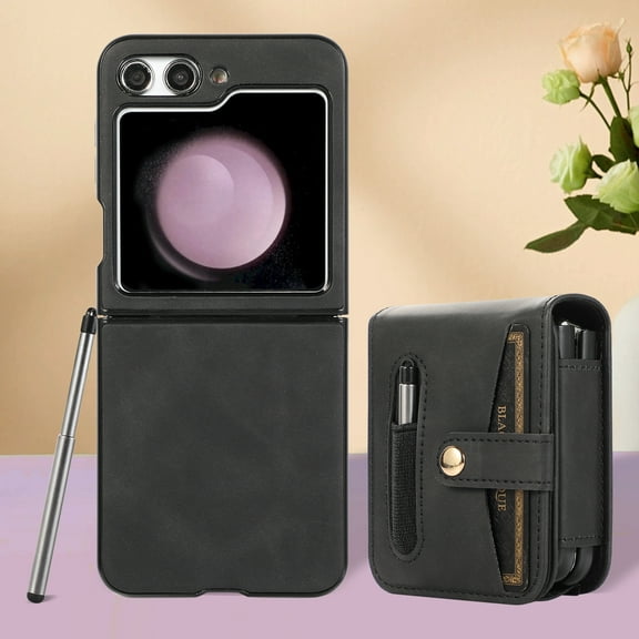 TECH CIRCLE Wallet Case for Samsung Galaxy Z Flip 5 Flexible Clip Card Slots Flip Case with Pen Stylus, Skin-Feel PU Leather Magnetic Snap Shockproof Full Protection Cover, Black