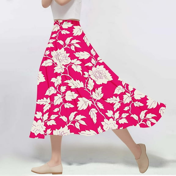 Skirts for Women A-Line Skirt Floral Printing Elastic Waist Leisure Skirt Hot Pink S