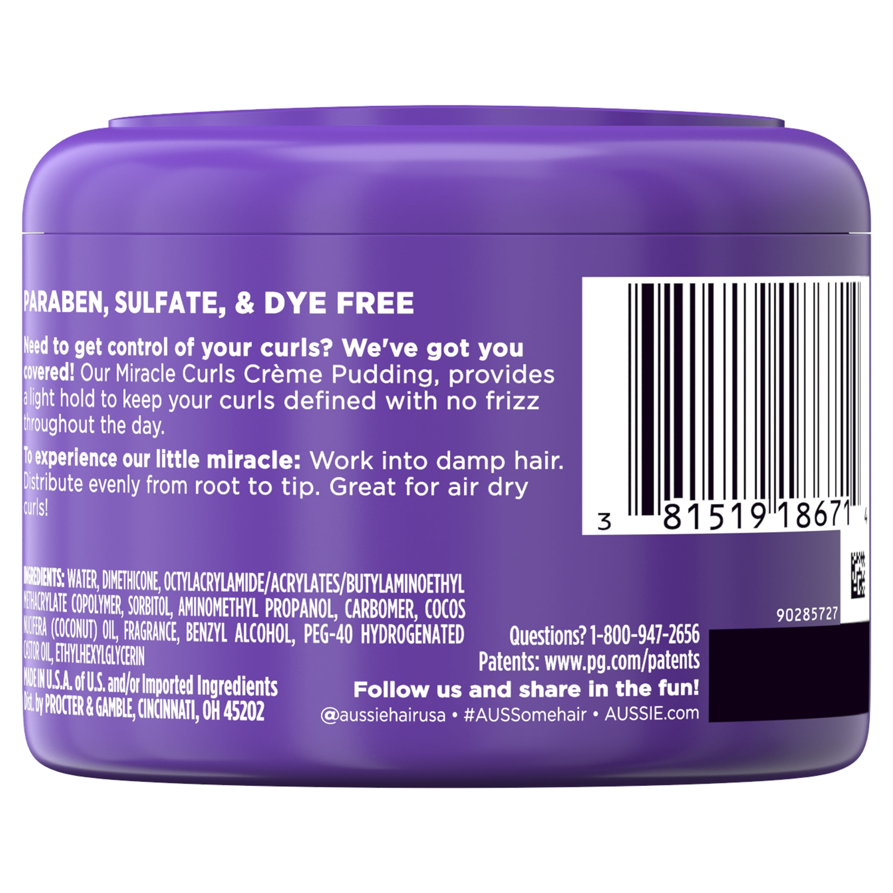 Aussie Miracle Curls with Coconut Oil, Paraben Free Cream Pudding, for Curly Hair 7.6 fl oz