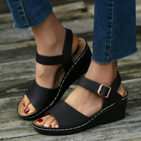 

〖Yilirongyumm〗 Black 39 Sandals Women Sandals Buckle Sandals Platform Wedge Slippers Versatile Fish Mouth Breathable Wedge Slippers Sandals