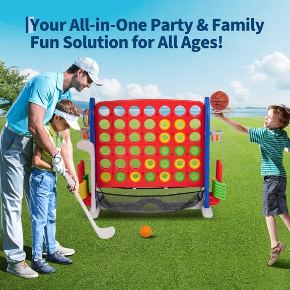 Acekid Giant 4 in a Row Connect Game, Adjustable Height with Golf & Basketball, Family Games, Red