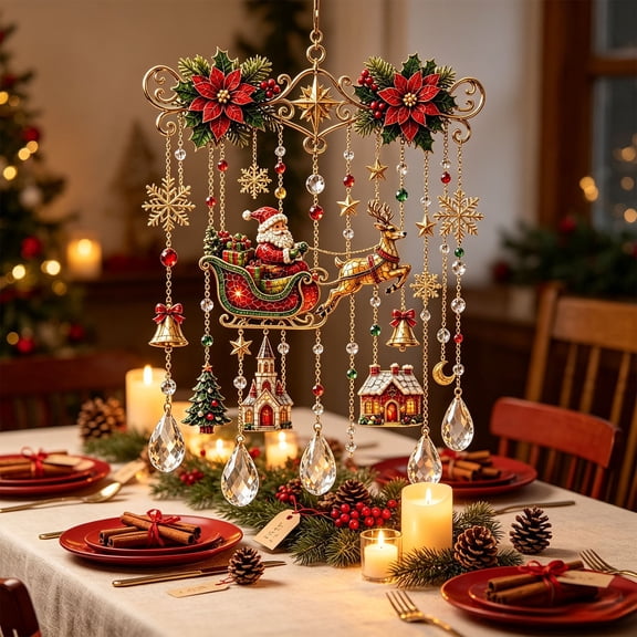 Santa Sleigh Christmas Window Hanging with Crystal Pendants - Festive Holiday Decor with Poinsettia, Reindeer & Miniature Village