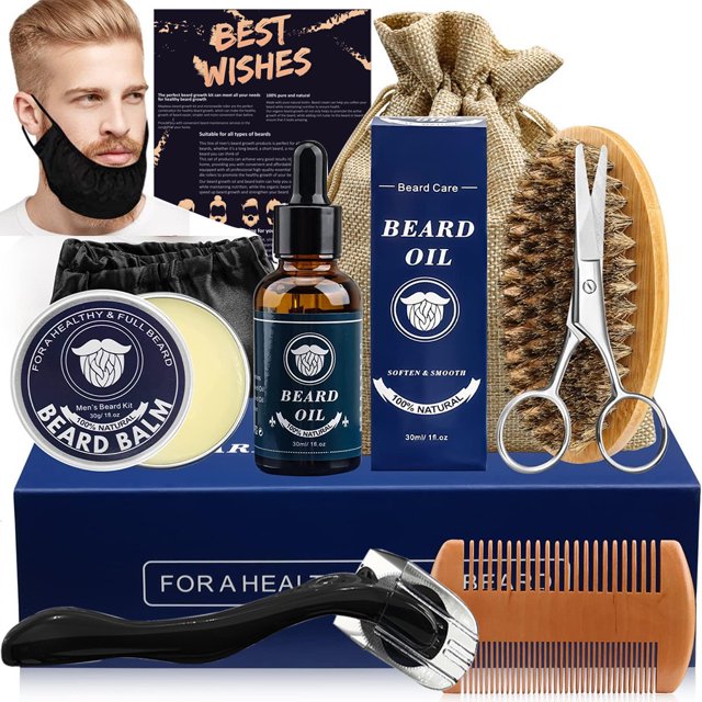 Beard Grooming Kit 6/8/9 Piece Set Sandalwood Razor Scissors Growth Oil Dual-Sided Comb Care Bag (9PCS)