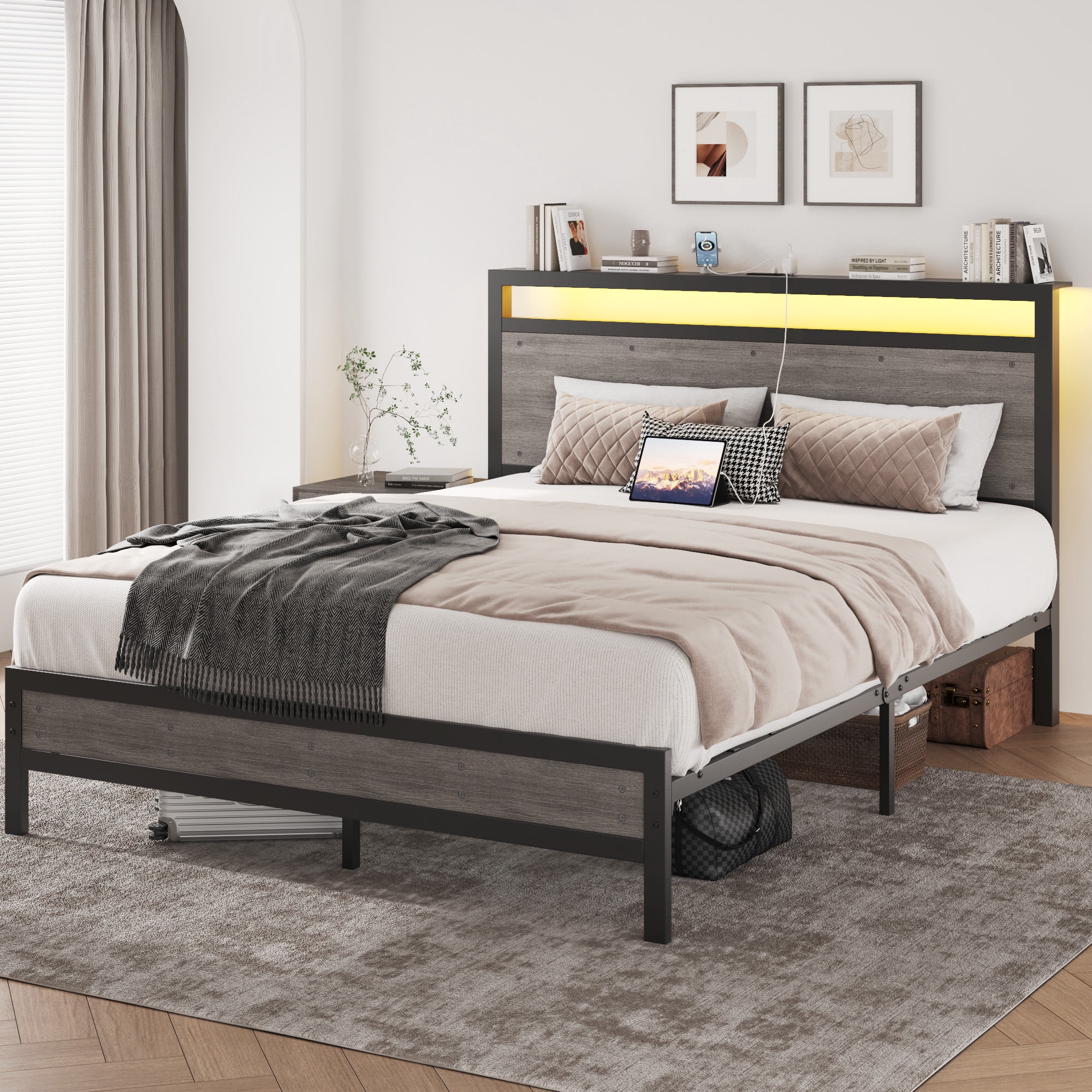 Queen Bed Frame with LED Headboard & Charging Station, Noise-Free, No Box Spring Needed, Rustic Grey