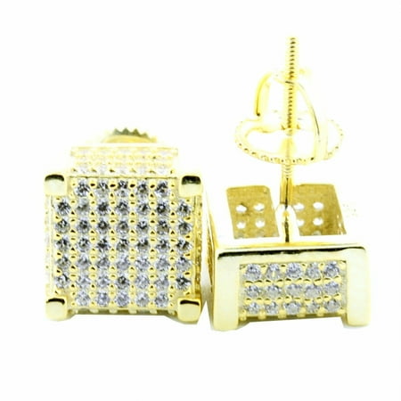 Cube Sterling Silver Earrings - 9mm Mens Cube Earrings Yellow Gold Tone Sterling Silver Pave Set CZ Screw Back