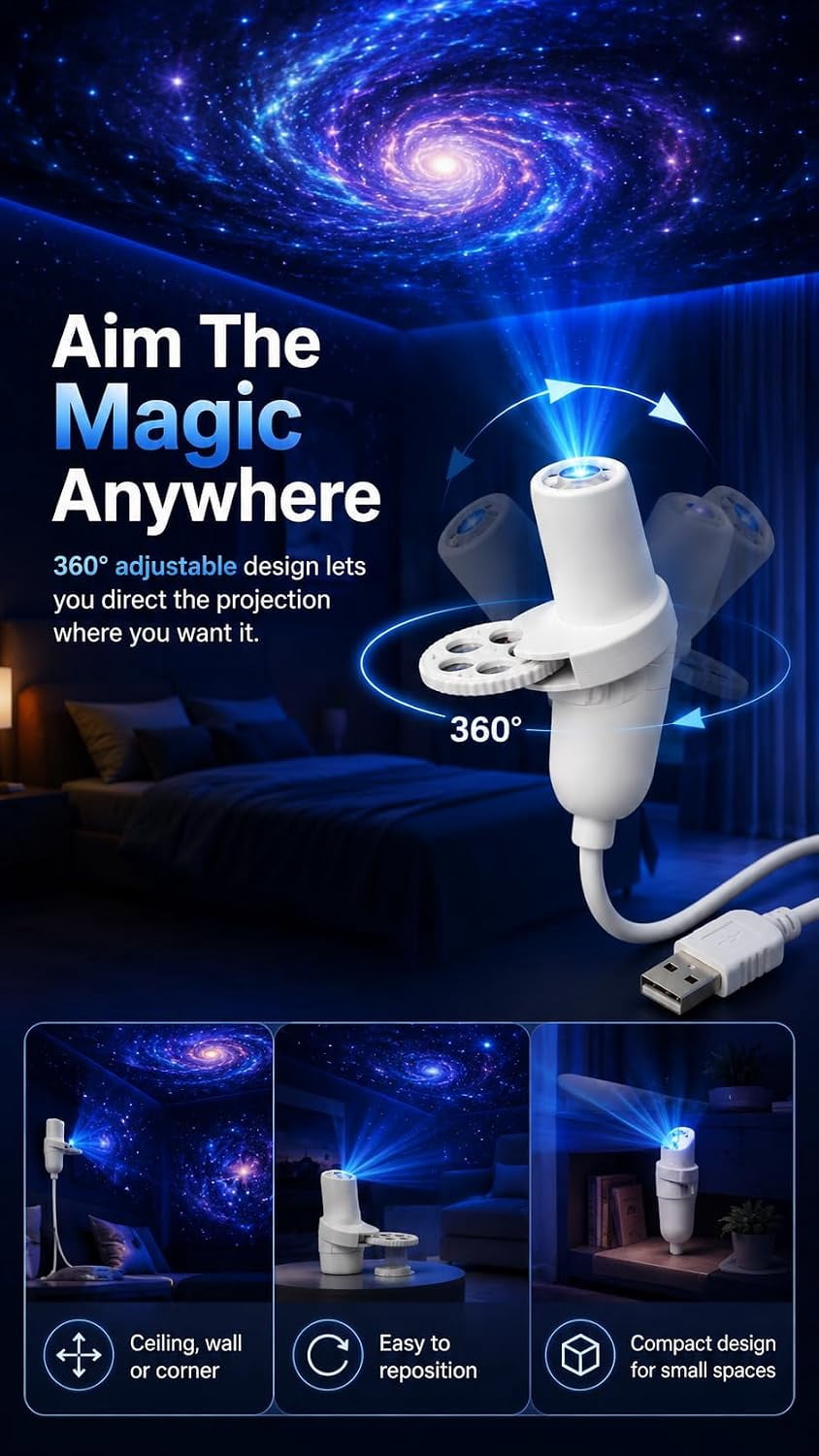Uktrendzone Projector, Moon Galaxy Night Light for Bedroom | LED Starry Sky Lamp with 360 Degree Flexible Gooseneck, USB Powered Galaxy Light for Home Decor Sleep Mood Lighting(15 patterns)