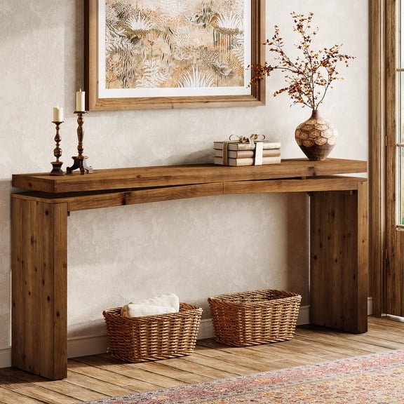Finmind 63" Solid Wood Console Table, Farmhouse Narrow Long Sofa Table Behind Couch, Brown