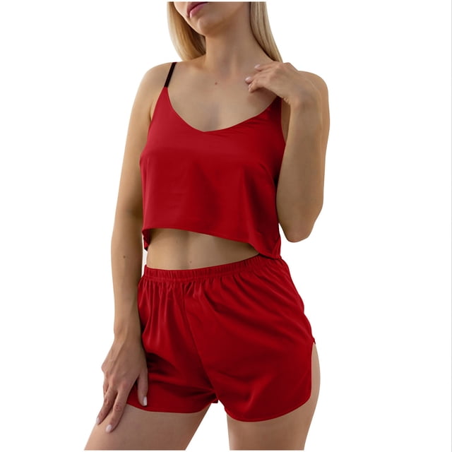 Mikilon Ensemble de Détente Confortable pour Femmes, Tenue d'Intérieur 2 Pcs, Camisole à Bretelles, Soie Simulée, Ensemble de Détente Décontracté, Rouge, P