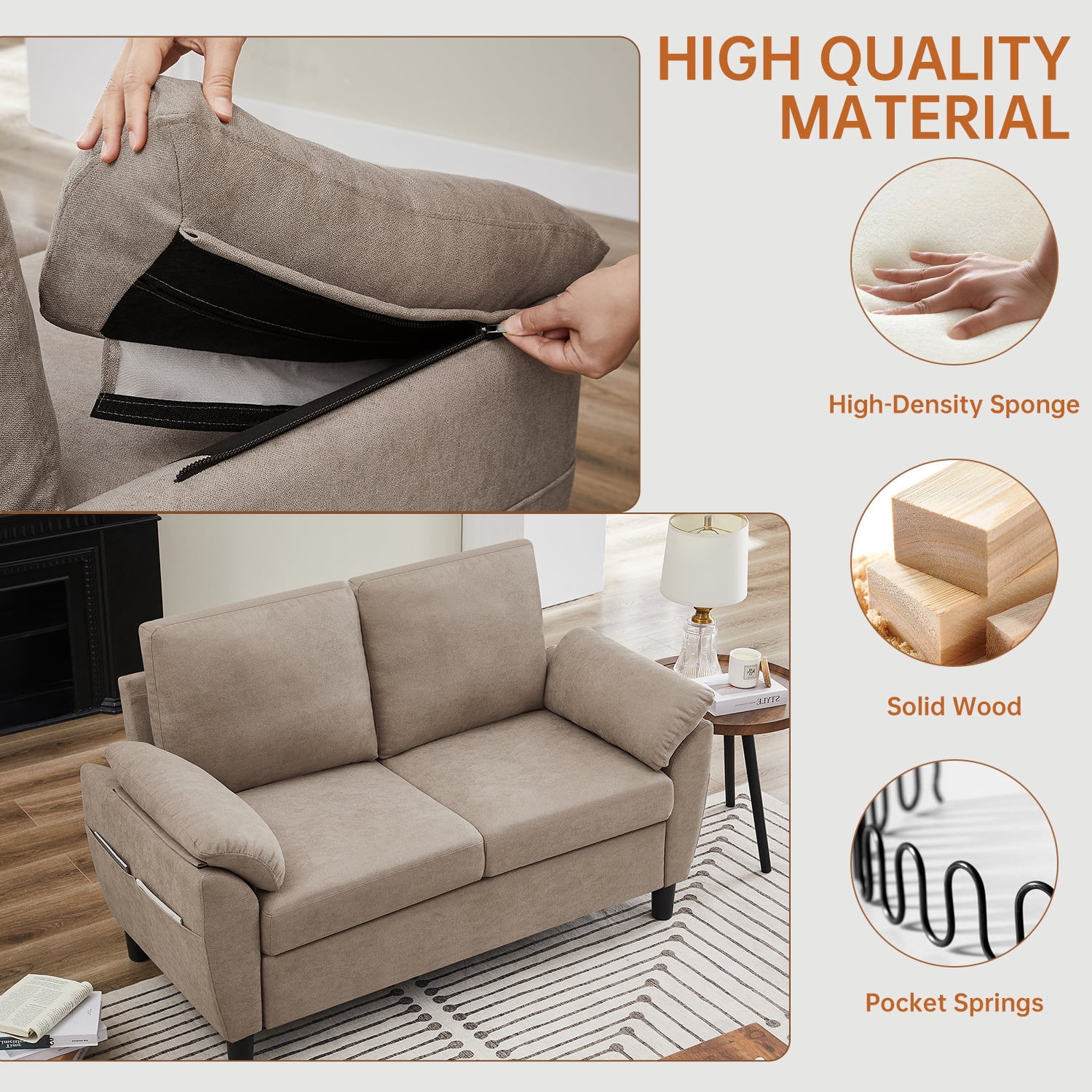 Soscana Loveseat with Storage Side Pockets, 2 Seat Sofa Love Seat Small Couch for Living Room Bedroom Apartment Office Studio,Beige
