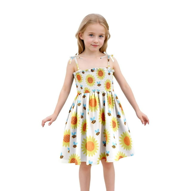 Robe Fille Bébé Été Imprimé Floral Robe à Bretelles Légère Décontractée avec Attaches Réglables pour Plage Robe Bébé Jaune 4 Ans-5 Ans