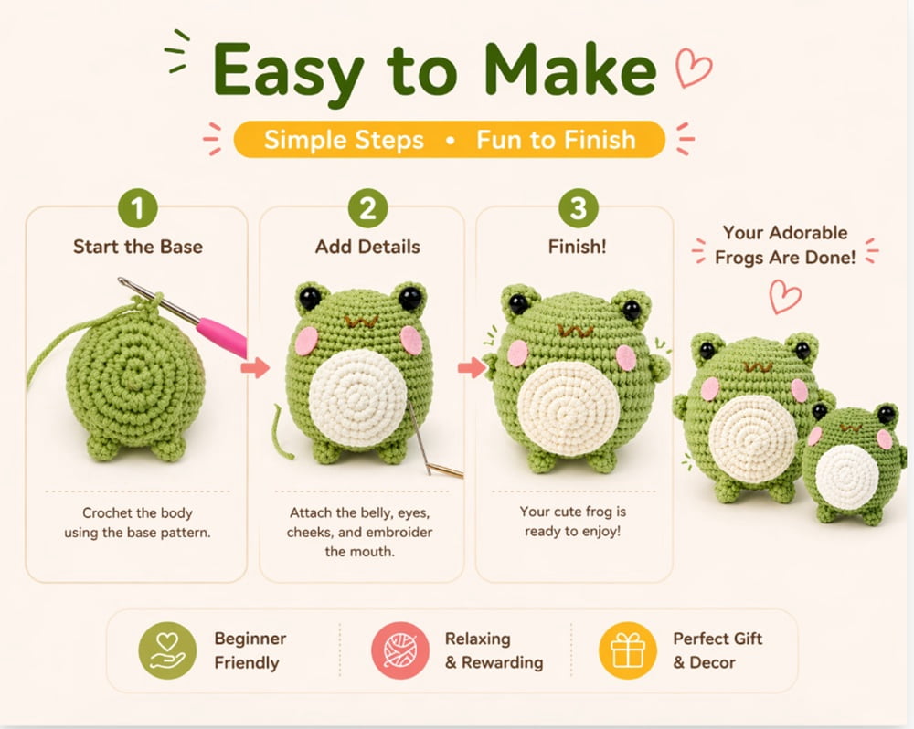 2 Pack Frog Crochet Kit for Beginners, Frog Amigurumi Starter Set with Step by Step Video Tutorials, TIKA