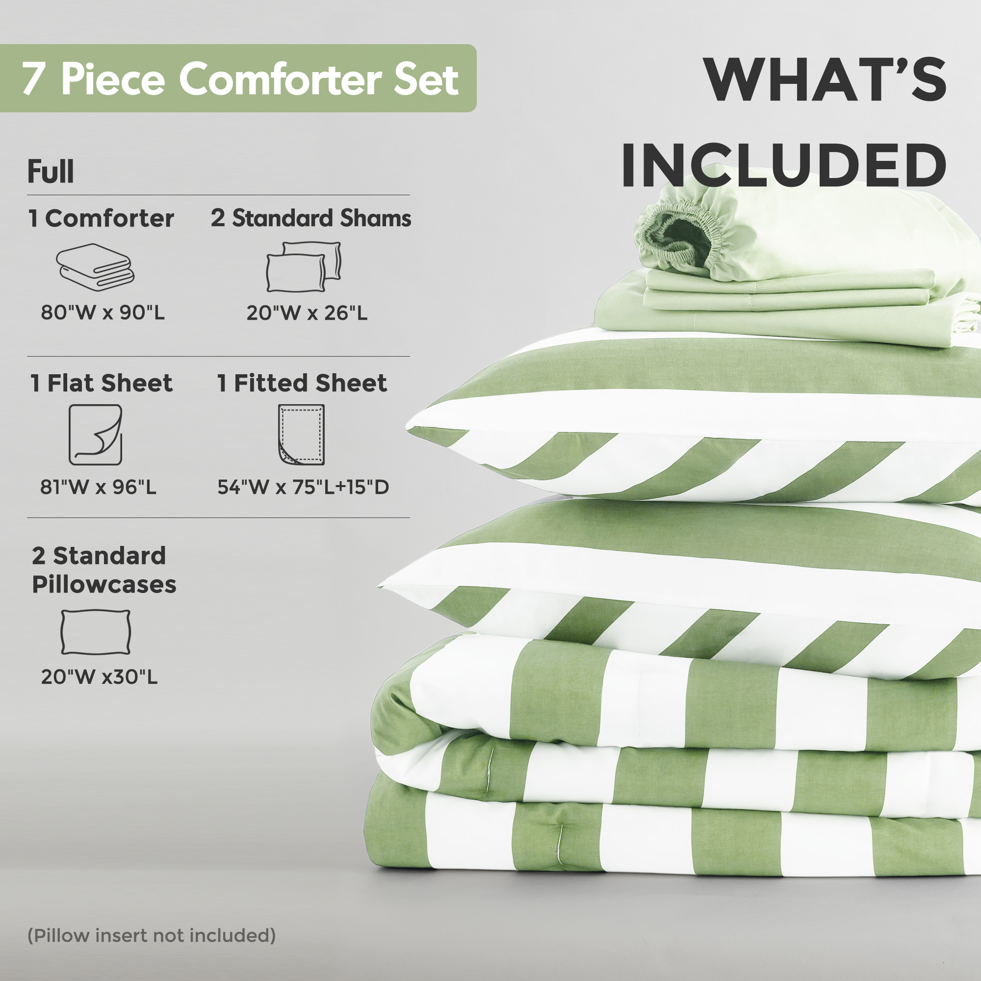 Regency Heights Essential Full Size Comforter Sets, 7-Piece Bed in a Bag Full, Reversible Striped Comforter Bed Set with Sheets, Sage